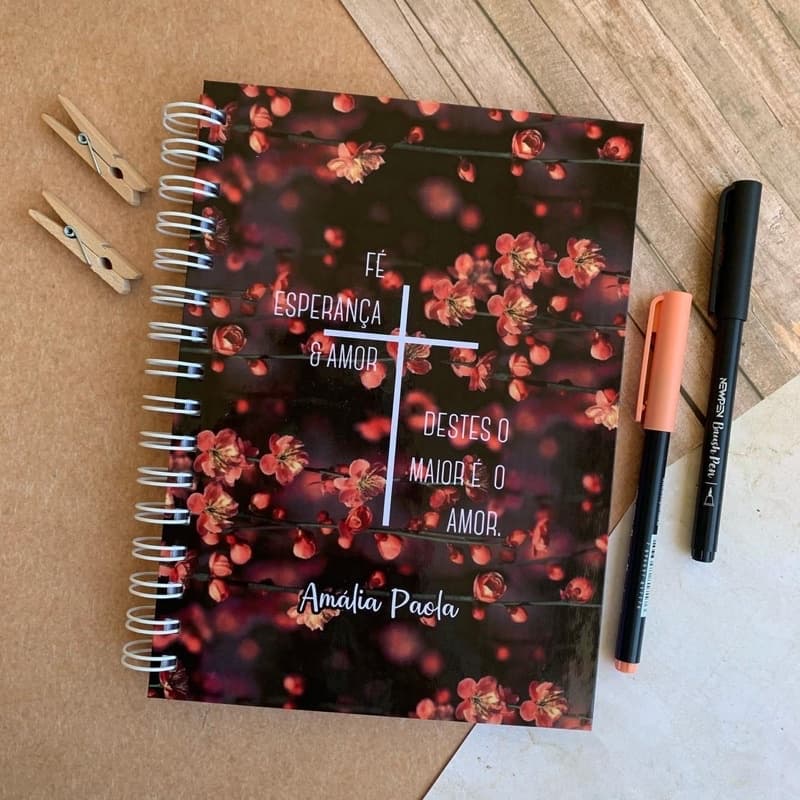 Caderno de oração devocional Cruz fé amor esperança - Estudo Bíblico Floral