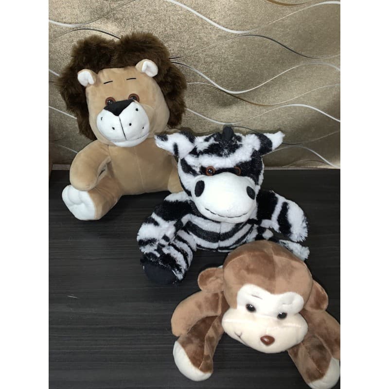 Kit Safari Urso de Pelúcia Antialérgico 1 Leão 1 Zebra 1 Macaco