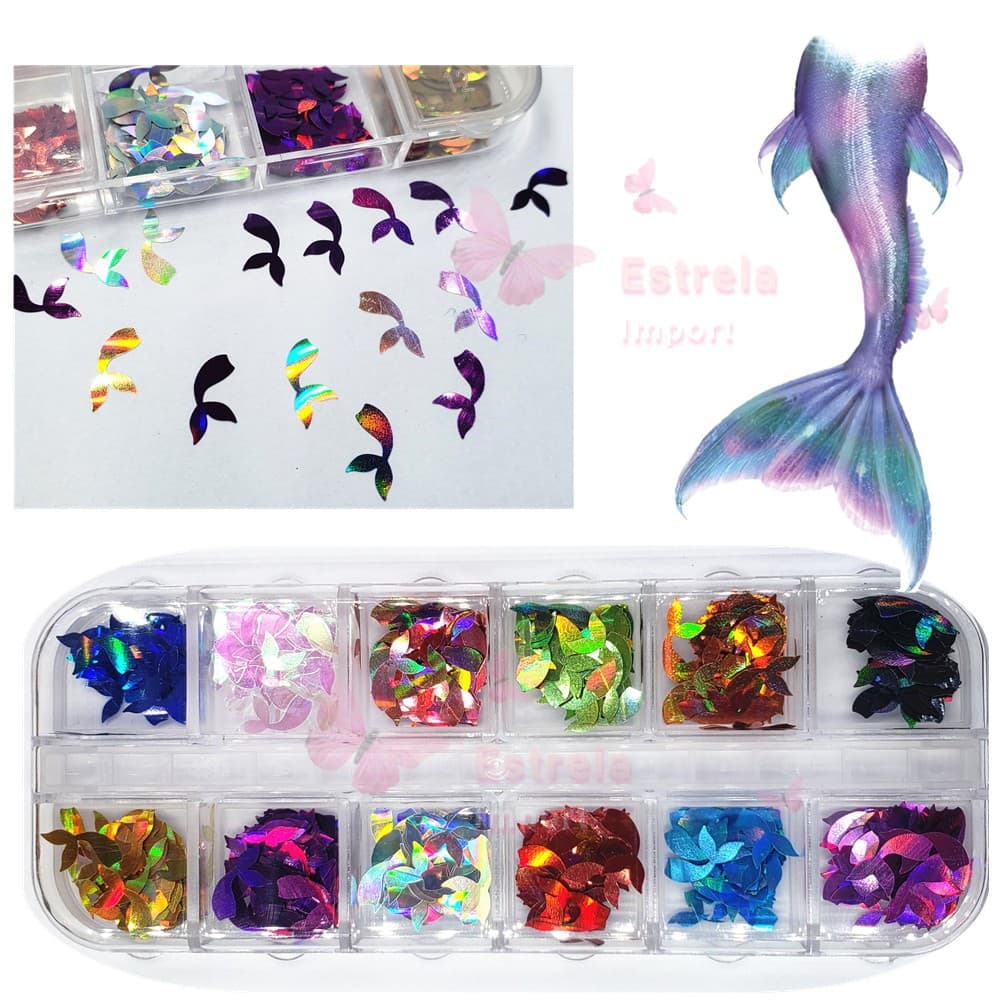 Kit Glitter Cauda Sereia Holográfico Unhas Decoração Porcelana Neon Cores Sortidas Mega Promoção