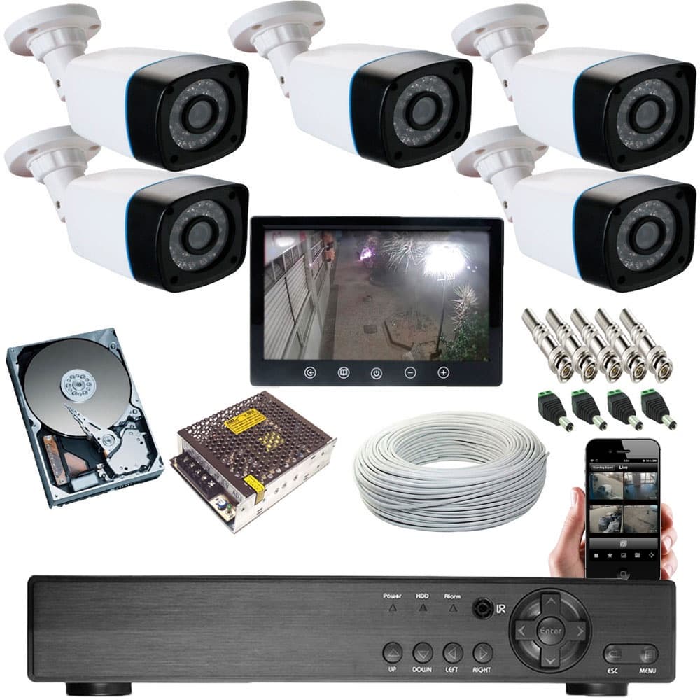 Kit Vigilância 5 Câmeras Infravermelho Ahd Dvr 8ch P2p + Tela 9 Polegadas Completo P/ Instalar