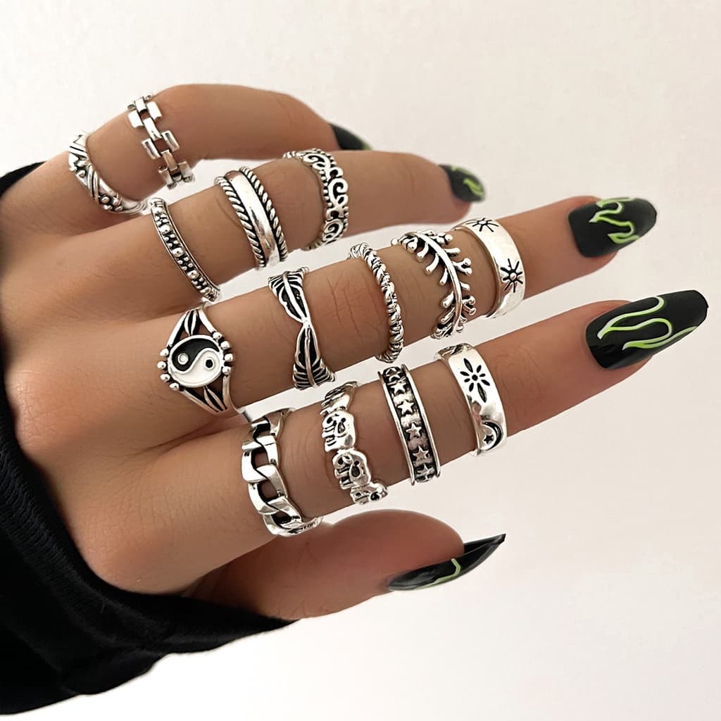14 Peças/Conjunto Anel Geométrico Em Relevo De Elefante Yin Yang