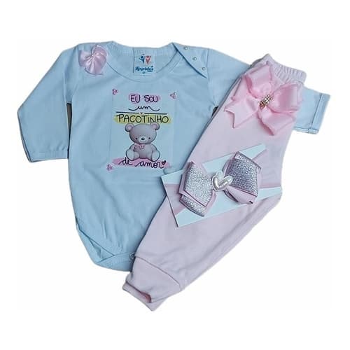 Kit Presente Roupa Bebê Menina Body Manga Longa+ Calça+ Laço
