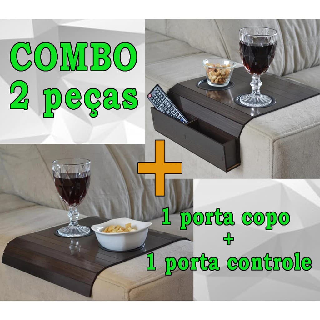 Kit com 2 Esteiras: Porta Copos + Porta Controle Remoto para Braço de Sofá na cor Tabaco