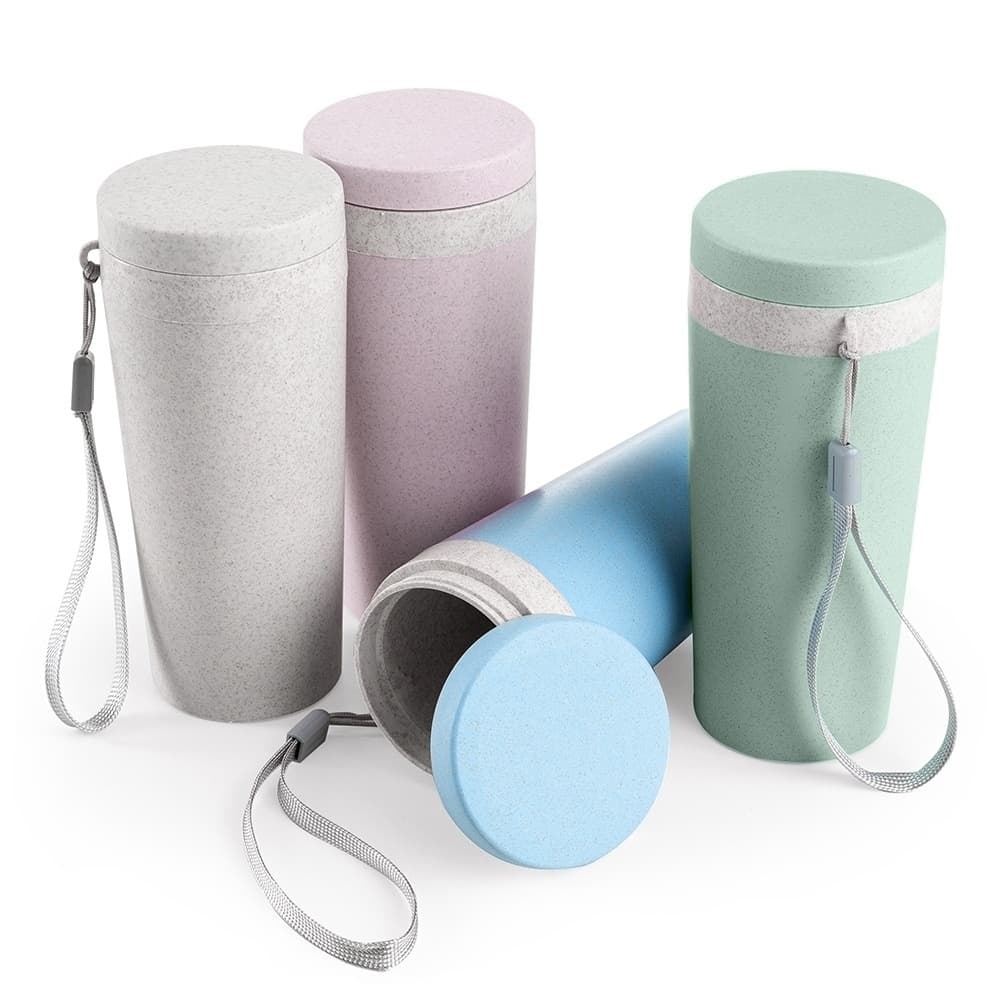 Copo Fibra Bambu 350ml C/ Tampa E Alça Ecológico Térmico Microondas