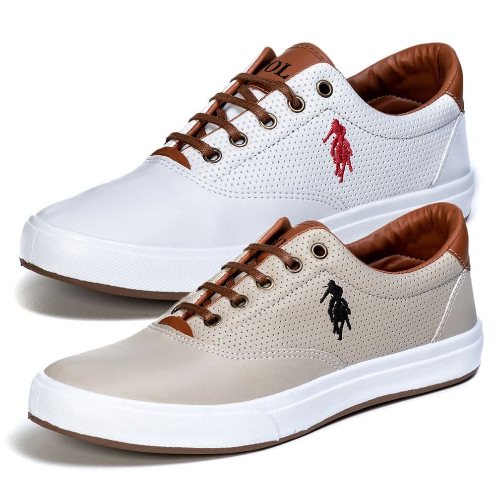 Kit 2 Tenis Masculino Oldsen casual barato original de marca  Sapatênis Polo Open Bege e Branco