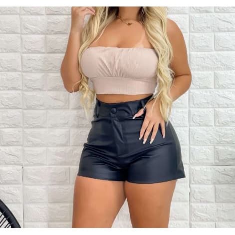 Short Curto Feminino Courino Cintura Alta De Couro Fake Sintético Tendência 2022