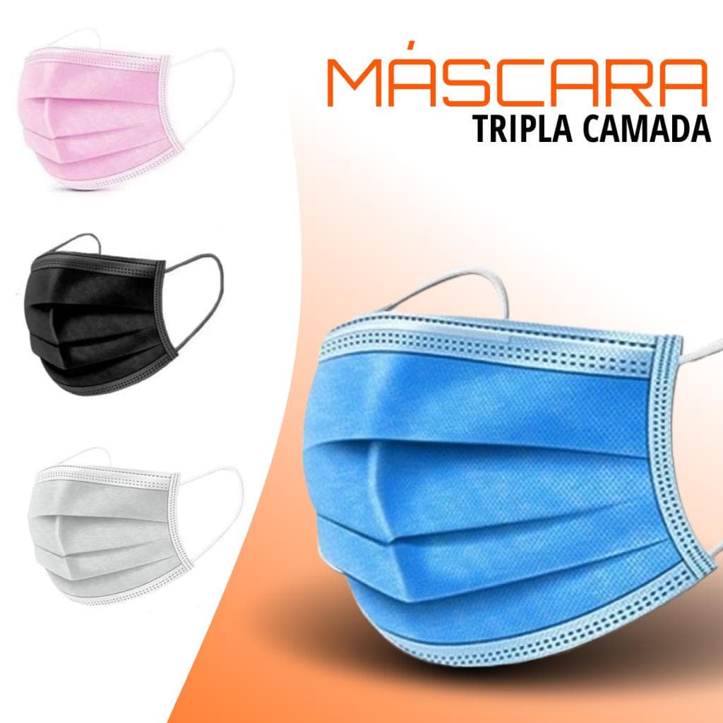 Máscara Descartável Tripla de Proteção Facial pacote de máscaras c/ Filtro, Clipe Nasal e Elástico