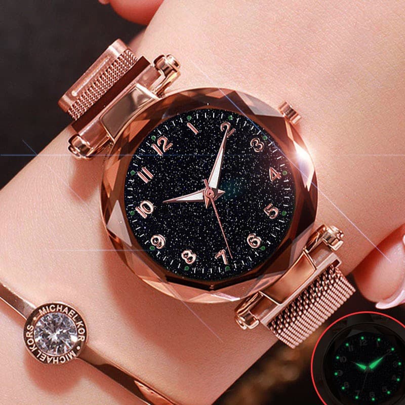 Relógio Feminino Céu Estrelado Brilhante Strass Pulseira com Fechamento em Imã