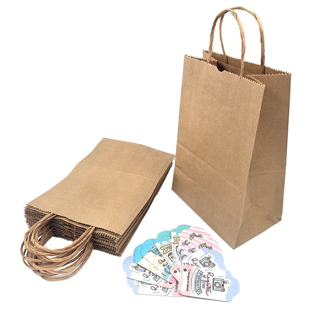 10 Sacola de Papel Kraft Pardo Delivery C/ Alça (com TAG de agradecimento) Escolha o Tamanho
