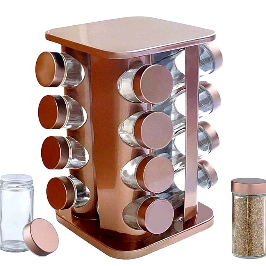 Porta Tempero com 16 potes Dosadores base giratória - Rose Gold Inox