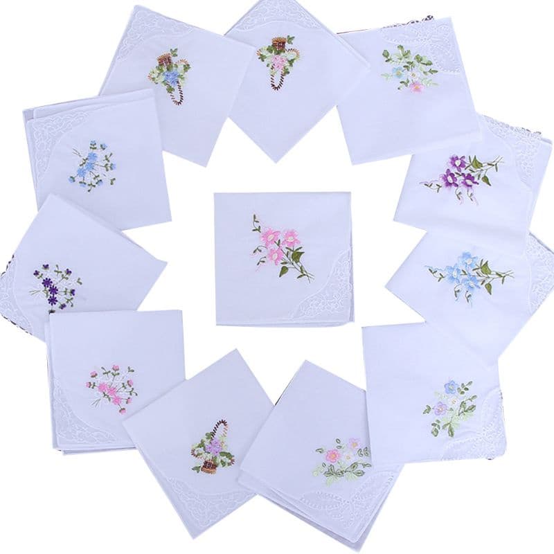 Bmico Conjunto 5 Peças Lenços Quadrados Femininos 11 X 11 Polegadas Bordados Florais Canto Re