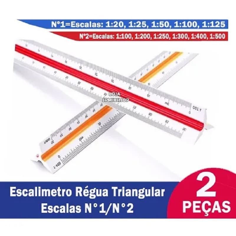 Kit com 2 Escalimetro Régua Triangular Plástico 30 cm Escalas N°1 + N°2