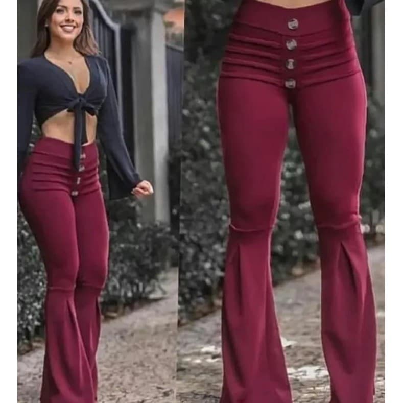 Calça Flare Malha Crepe Com Botões Fake Super Linda