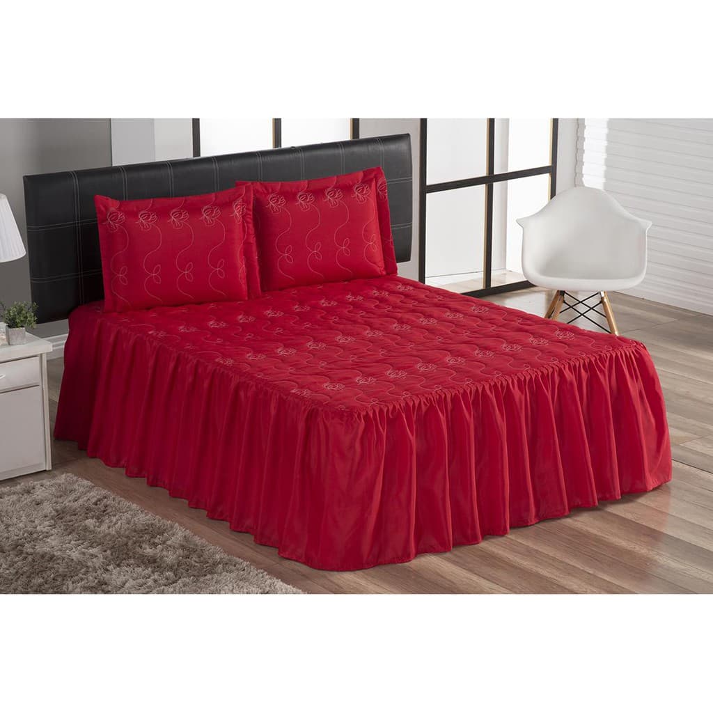 Cobre Leito Casal Bordado Mi Amore Colcha 3 Peças Vermelho e diversas cores