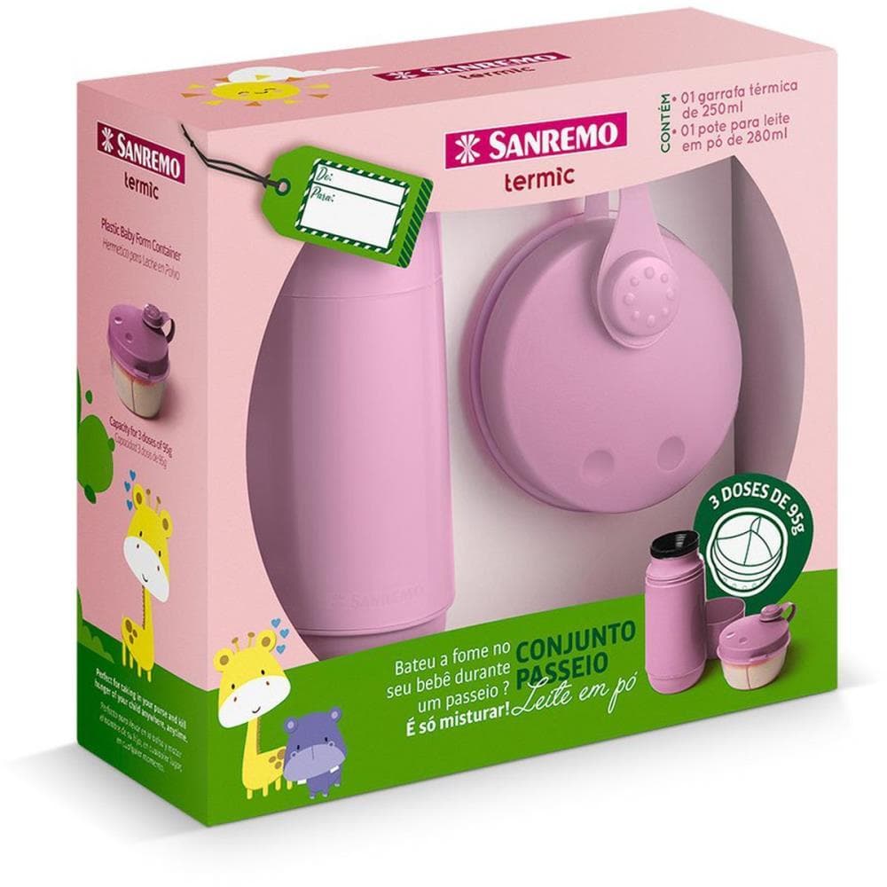 Conjunto Garrafa Térmica Infantil 250 ml + Pote Dosador Para Leite em Pó Kit Passeio Sanremo Rosa