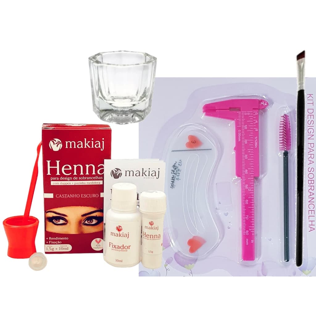 Kit Henna sobrancelhas Makiaj+ Paquimetro 8cm  +3 Moldes Plasticos + Escovinha+ Pincel + Dappen