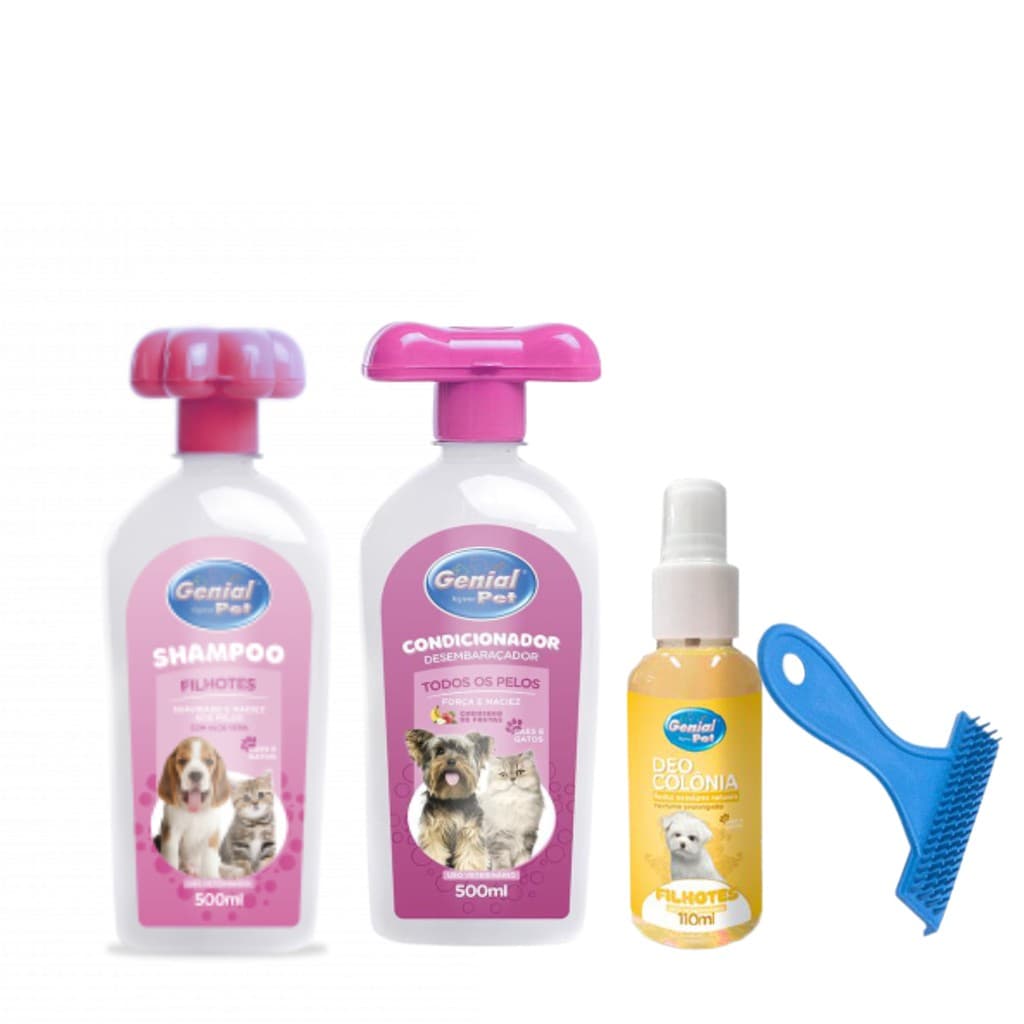 Kit Banho para Cães e Gatos Filhotes - Shampoo Filhotes Condicionador Todos os Pelos Colônia Filhotes e Rastelo