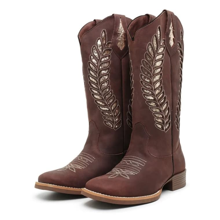 Bota Feminina PRONTA ENTREGA Cano Longo Texana Country em Couro Café Marrom com Gliter com Zíper