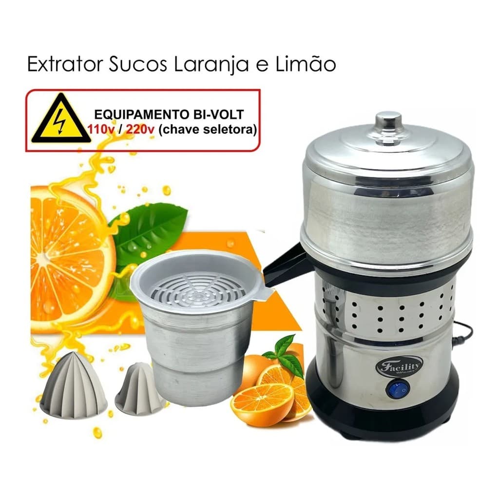 Espremedor Extrator Industrial De Sucos Laranja Limão Frutas Inox Copo 1 Litro 500W Bivolt + BRINDE