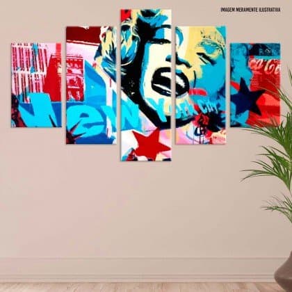 Quadro painel decorativo mosaico 5 peças Marly Morló artista figura pública decoração