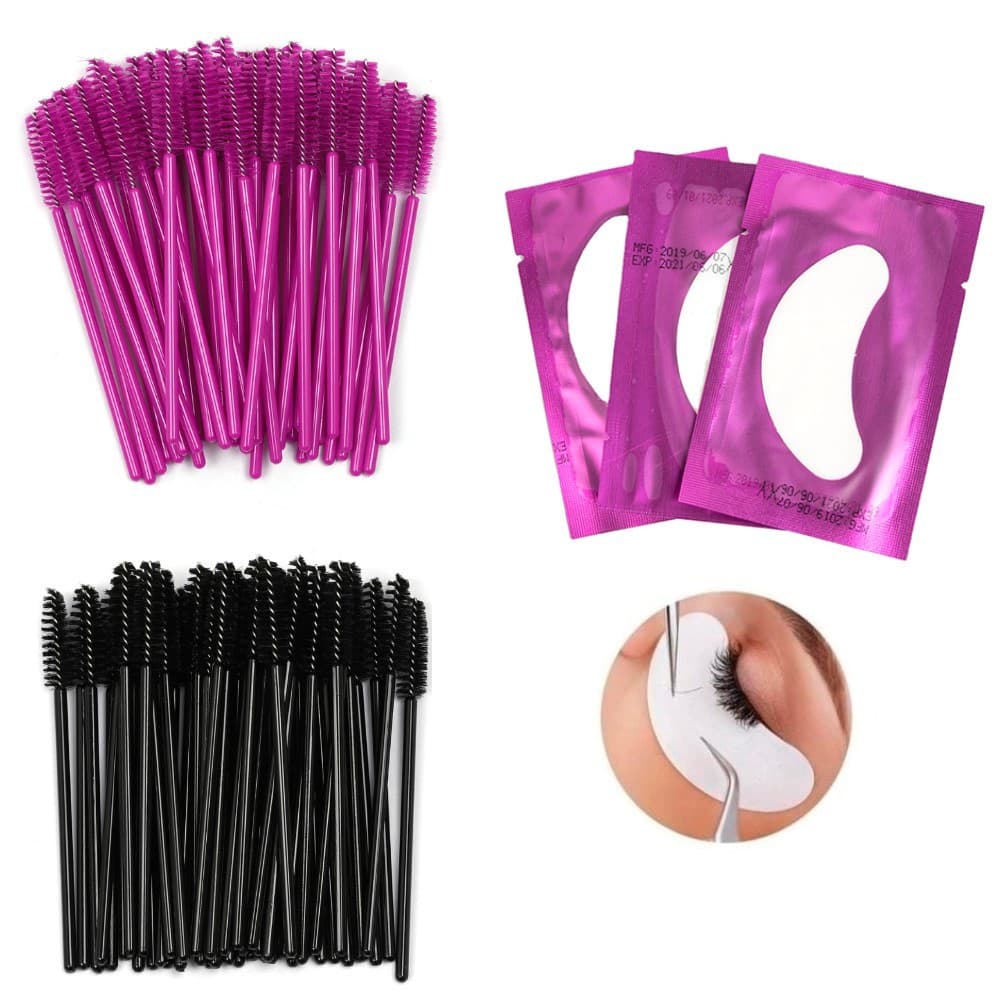 Kit 50 Escovinhas Cílios Descartável + 50 Pares Protetor Pálpebra Alongamento