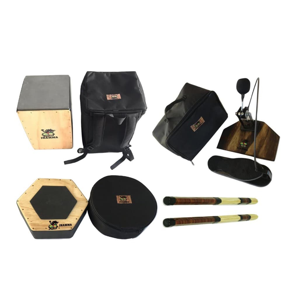 Kit Percussão Pedal para Cajón + Caixa Cajón + Cajón Reto + Baquetas Rods + Bags de Transporte Jhamma Percussões Percuteria
