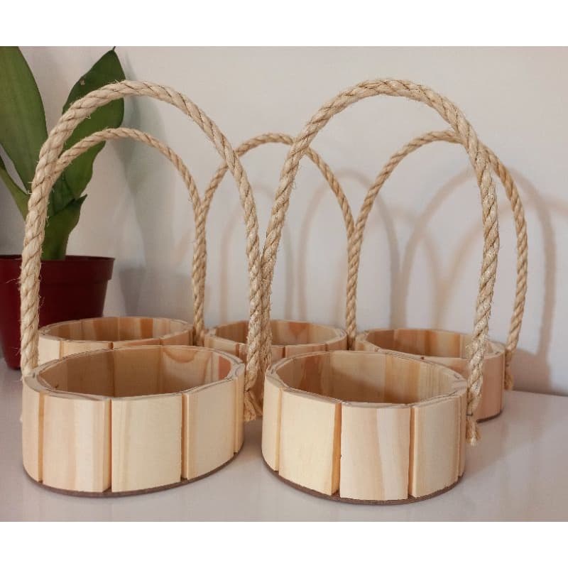 Kit com 5 Cestas de Madeira Pinus Fundo 13cm