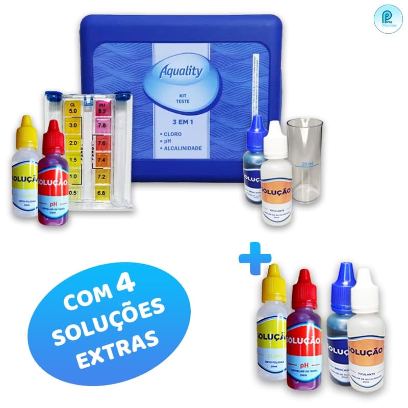 Kit Teste Análise Medidor 3 em 1 De Cloro Ph Alcalinidade Para Piscinas + Soluções Extras