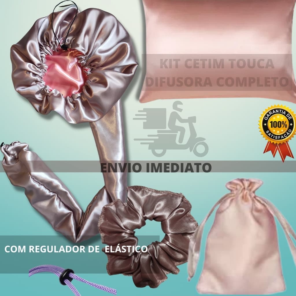 Touca Difusora De Cetim + Fronha De Cetim + Srunchie/xuxinha + Brinde (sacolinha De Cetim)