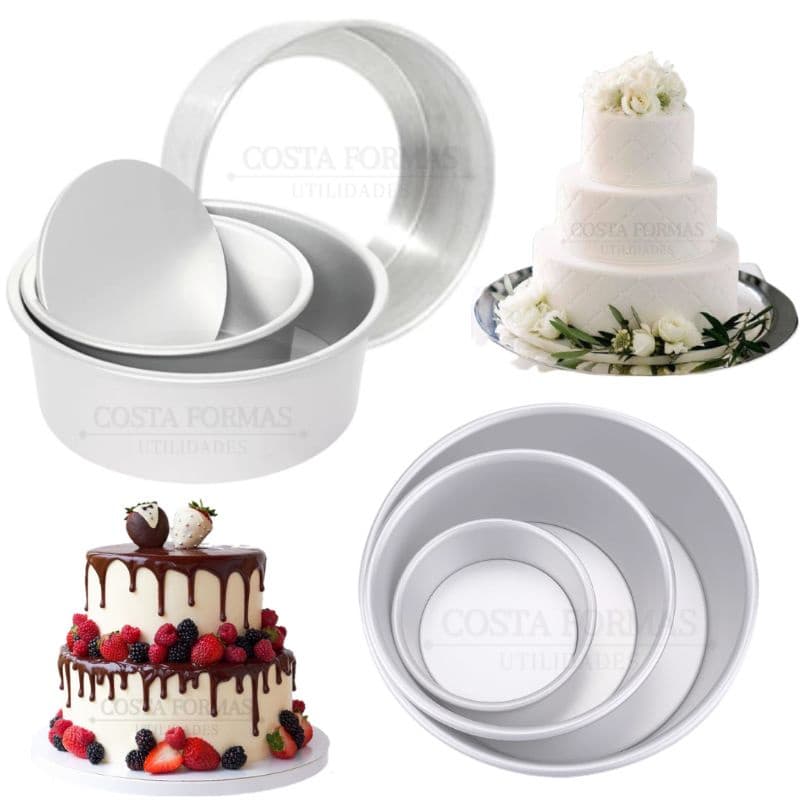 Kit Formas Bolo Redonda Fundo Falso Assadeira Alta 15x10 20x10 25x10cm Com 3 Formas Alumínio Resistente Fundo Falso