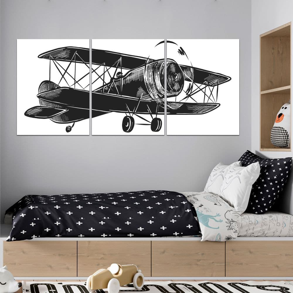 Quadro Decorativo Mosaico Avião Minimalista Preto E Branco Linda 3 Peças 60x40