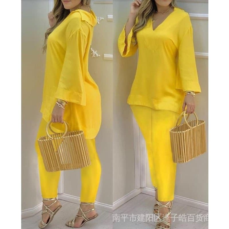 Conjunto De Calça E Blusa Feminina De Cor Lisa Com Manga Comprida Gola V