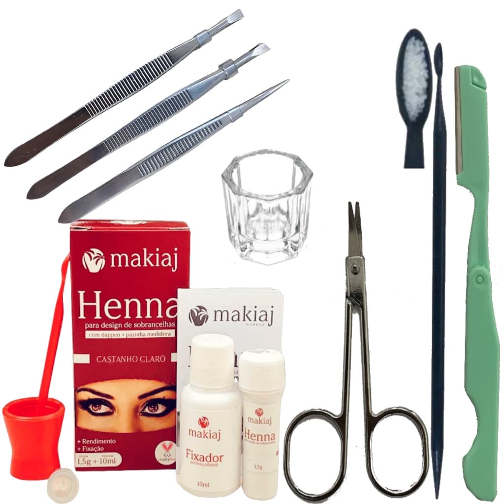 Kit Sobrancelha Profissonal Makiaj Henna + Navalha E Tesoura + 3 pincas + Palito Dosador + Dappen