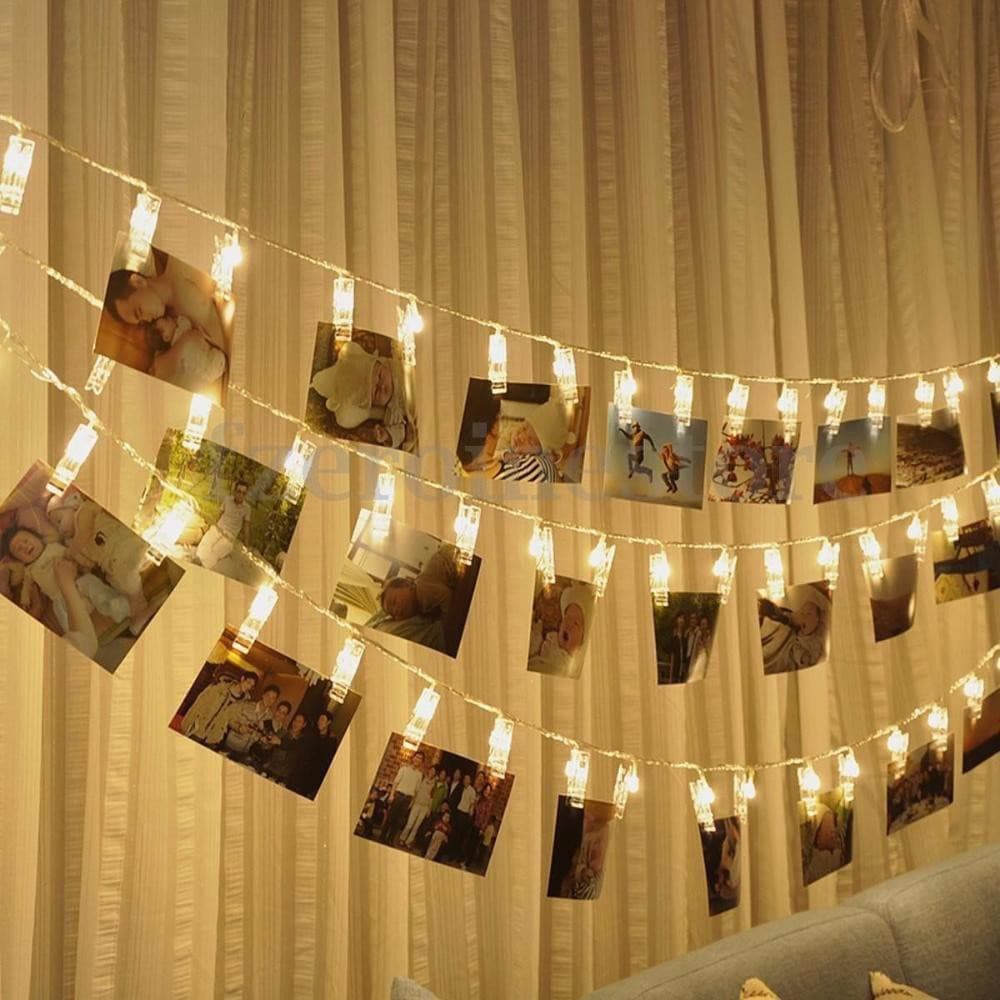 Varal De Fotos Cordão Branco Quente Luminoso 2m Pregador 10 Leds Pilha