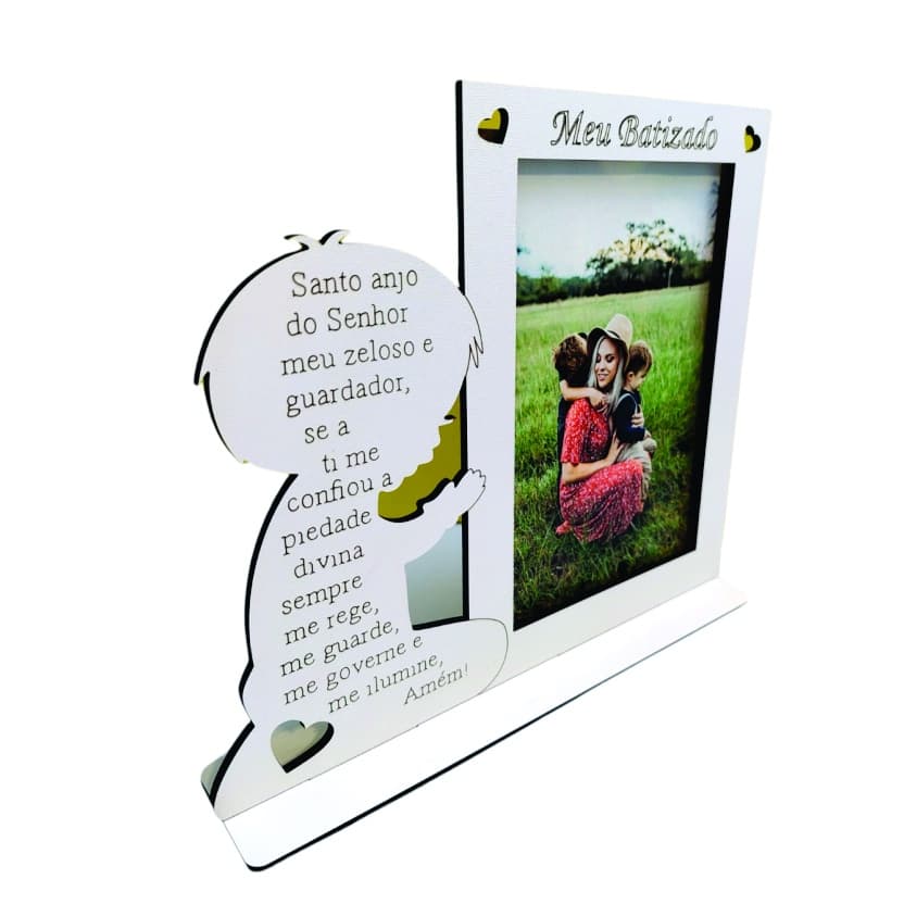 Porta retrato menino oração santo anjo em mdf branco lembrancinha batizado