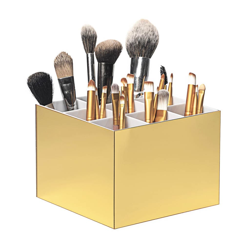 Organizador Porta Pincéis em Acrílico Dourado e Branco Com 9 Divisórias