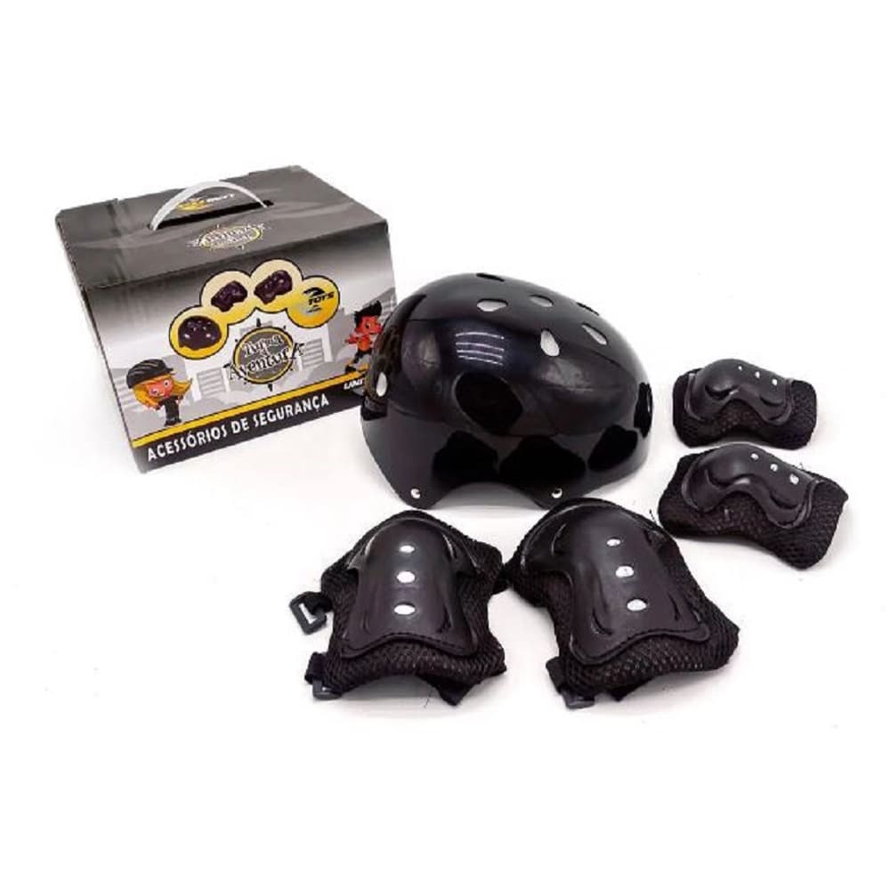 Kit De Proteção P/Esportes Radicais Infantil Capacete e Joelheiras Cor Preto