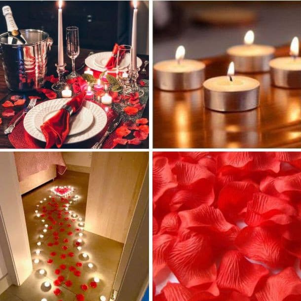 Kit Decoração Romântica Simples -  Velas Rechaud + Pétalas Artificiais Vermelhas