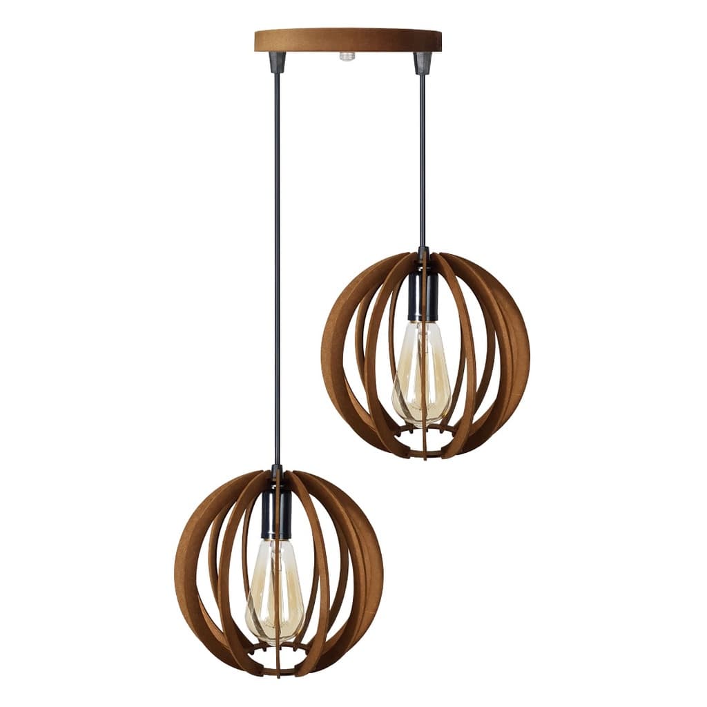 Luminária Lustre Pendente Duplo  De Madeira Bola