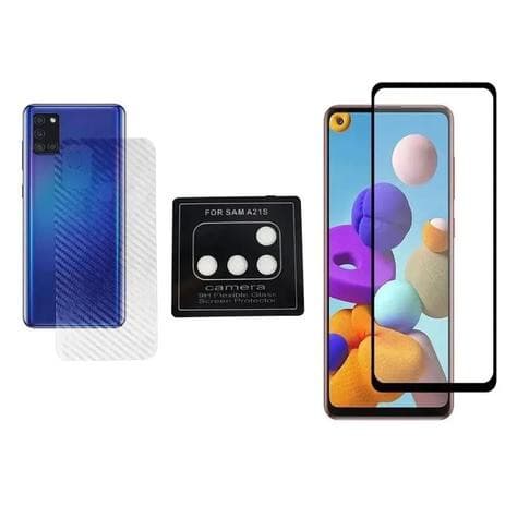 Kit Galaxy A21s Película 9D Vidro + Película Traseira Fibra Carbono + Película Câmera