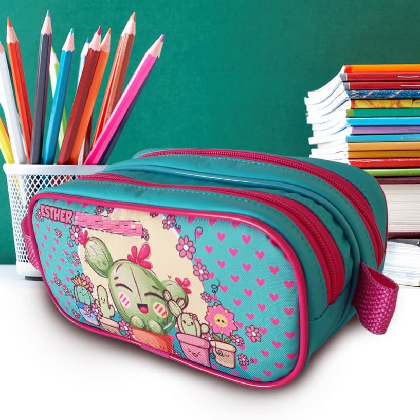 Estojo duplo Cactos cute kawaii personalizado com nome tiffany e pink estojo escolar