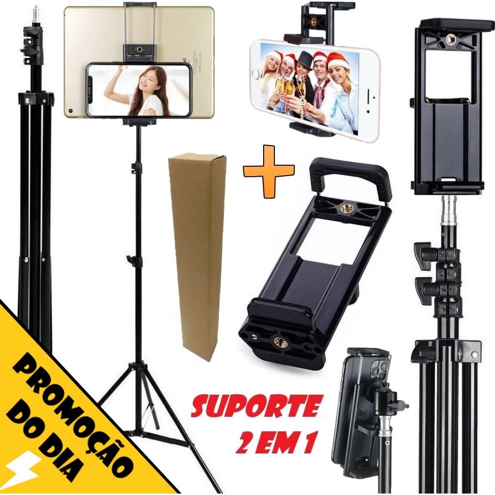 Tripé 2 Metros Universal + Suporte Para Tablet Ipad Celular Monope 2 em 1 Foto Vídeo BHK RS