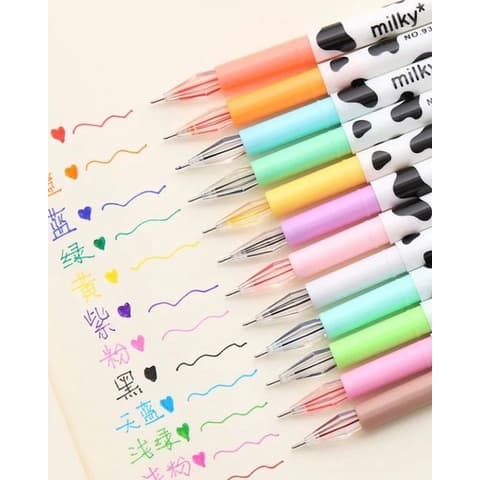 12 canetas Caneta em Gel Escolar papelaria vaquinha Milky 12 cores com Desenho de Vaca caneta criativa canetinha