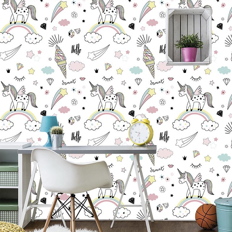 Papel de Parede Adesivo Infantil Mundo Encantado Dos Unicórnios 3mx50cm