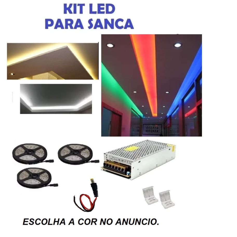 Kit 15 metros Fita Led 3528 com Fonte Sanca Gesso Branco Frio / Branco Quente / Azul / Vermelho / Verde