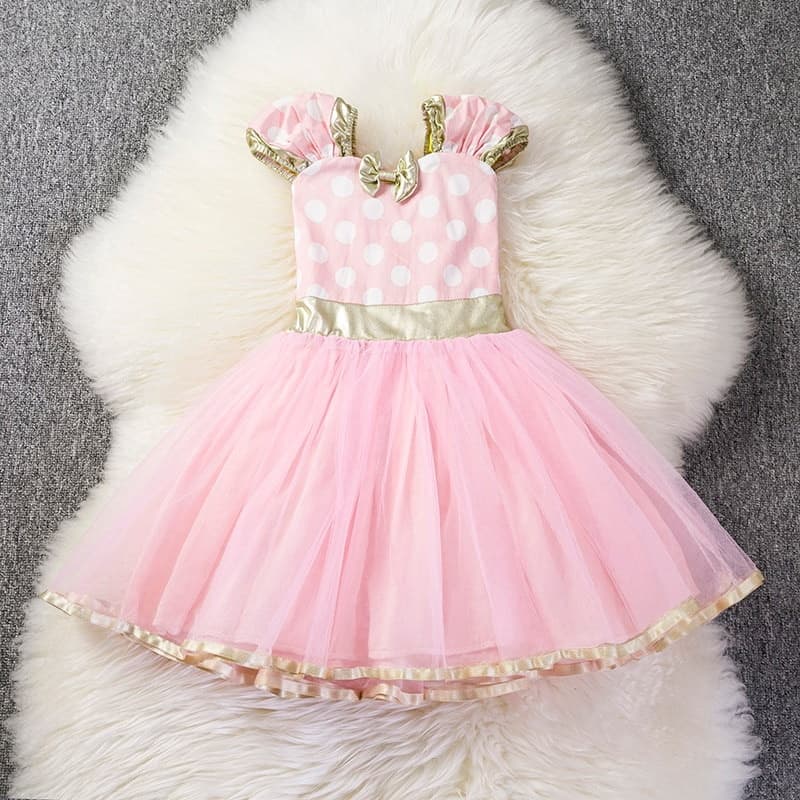 Vestido Infantil Fantasia Similar de Festa Princesa da Minnie Rosa e Vermelho com Bolinhas Brancas + Tiara
