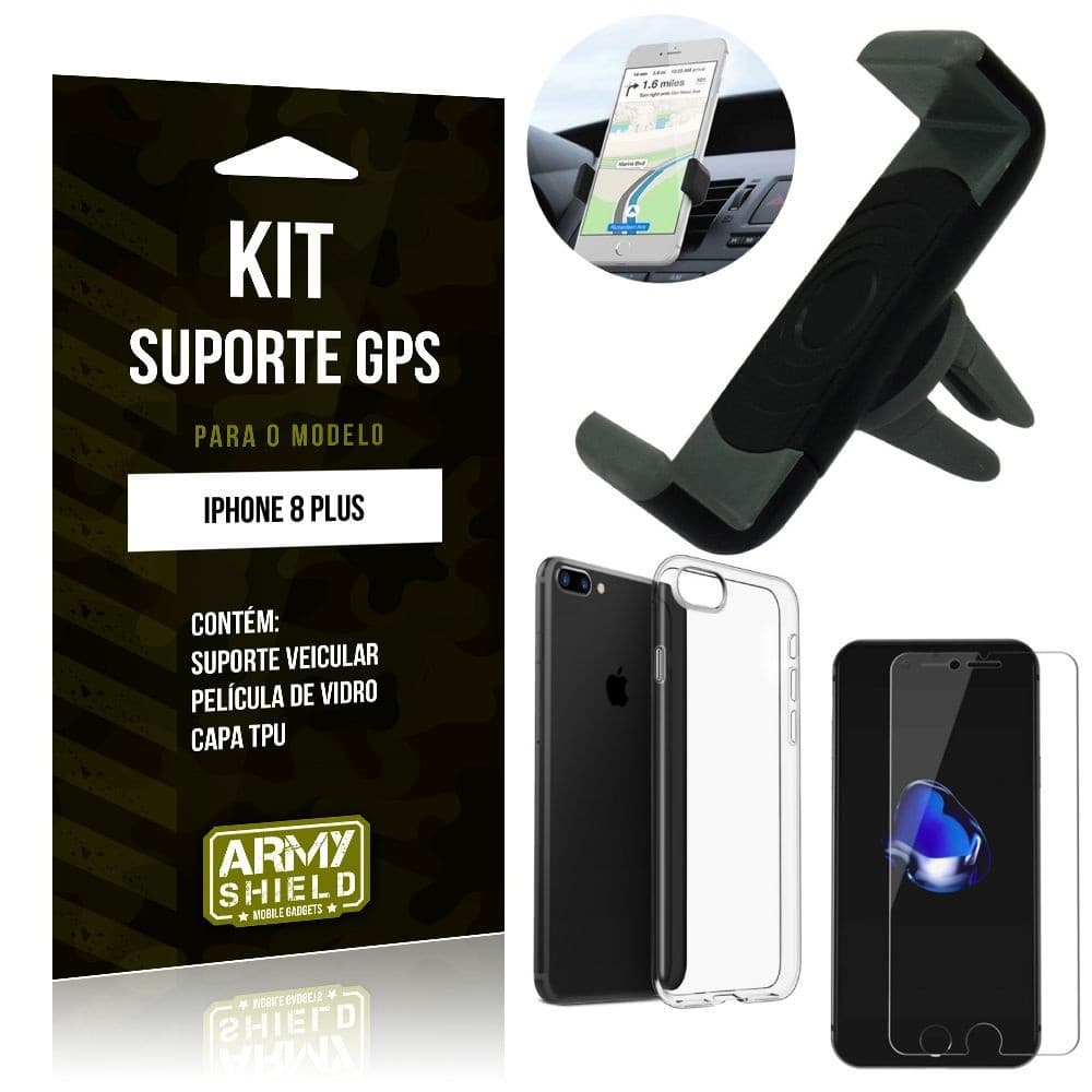 Kit Suporte Veicular Apple iPhone 8 Plus Suporte + Capa + Película de Vidro - Armyshield