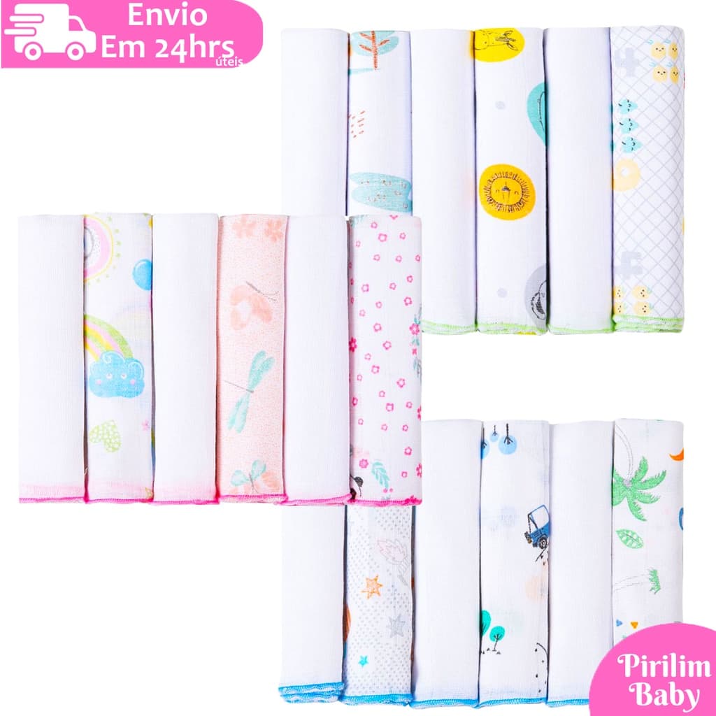 Pano de boca KIT 6 unidades Babete Fralda de boca 100% algodão 30cm x 30cm - Mega Promoção