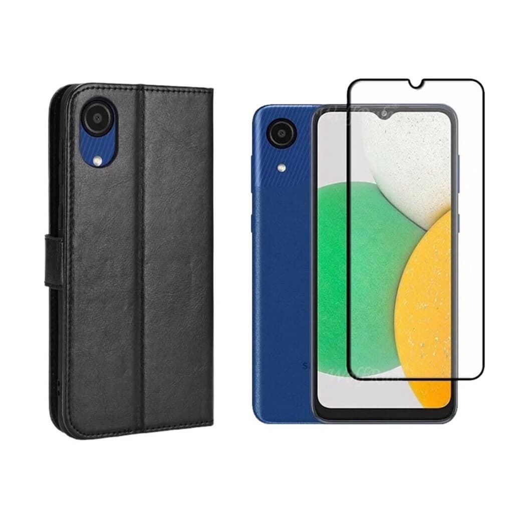 Capa Carteira Preta + Película 3d Para Samsung Galaxy A03 Core