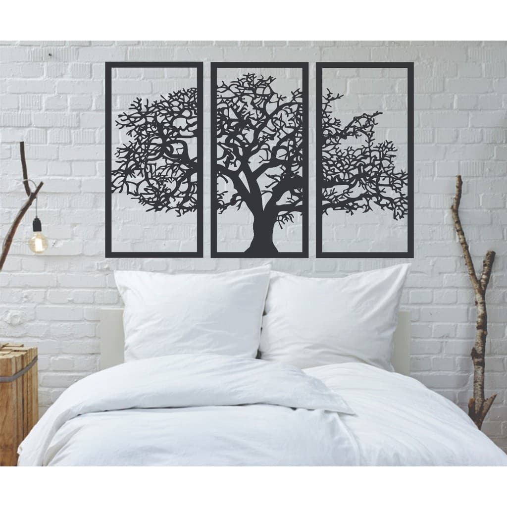Trio De Quadros Decorativos Árvore Vida Madeira Preta King